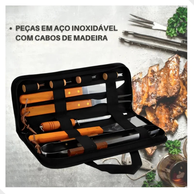 Kit Churrasco 9 Peças Aço Inox e Madeira com Estojo