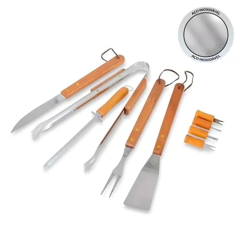 Kit Churrasco 9 Peças Aço Inox e Madeira com Estojo