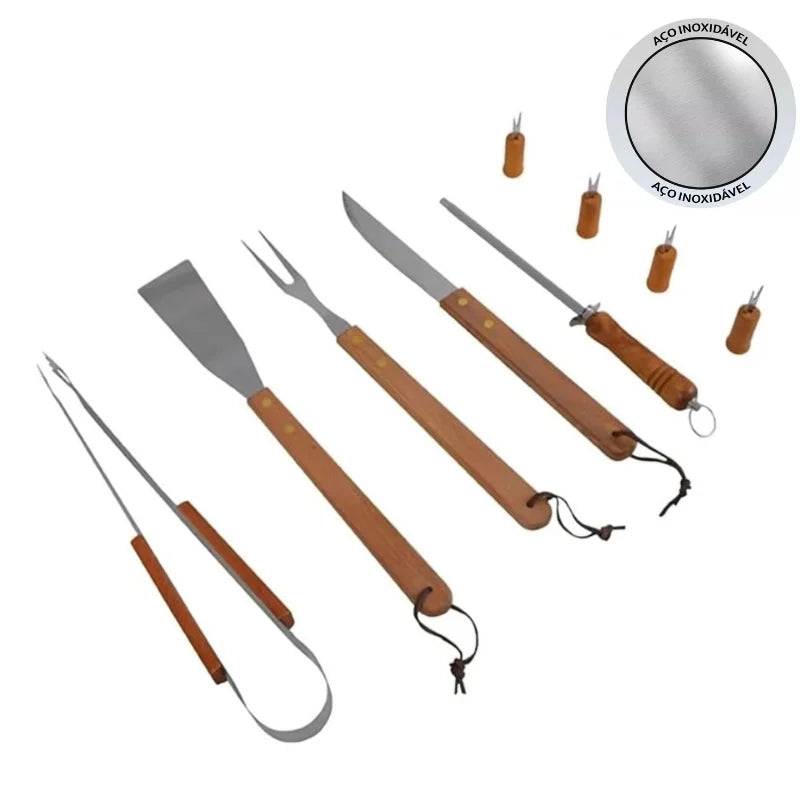 Kit Churrasco 9 Peças Aço Inox e Madeira com Estojo