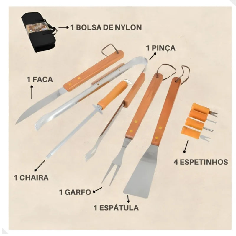 Kit Churrasco 9 Peças Aço Inox e Madeira com Estojo